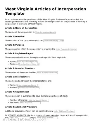 Attorney-Verified West Virginia Articles of Incorporation Template