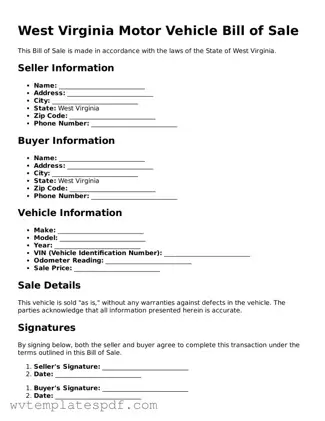Attorney-Verified West Virginia Motor Vehicle Bill of Sale Template
