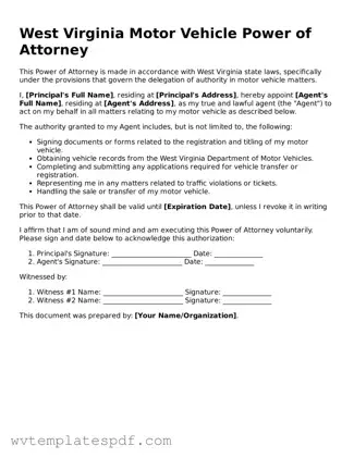 Attorney-Verified West Virginia Motor Vehicle Power of Attorney Template
