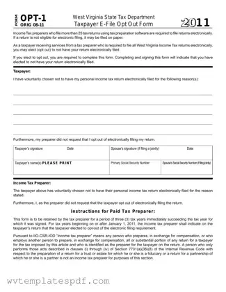 Fill a Valid West Virginia Opt 1 Form