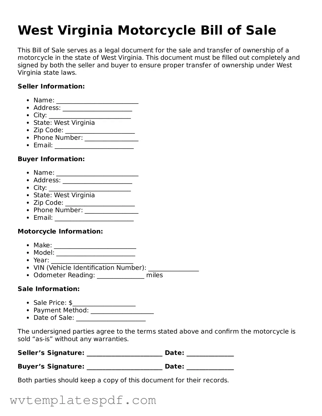 Attorney-Verified West Virginia Motorcycle Bill of Sale Template