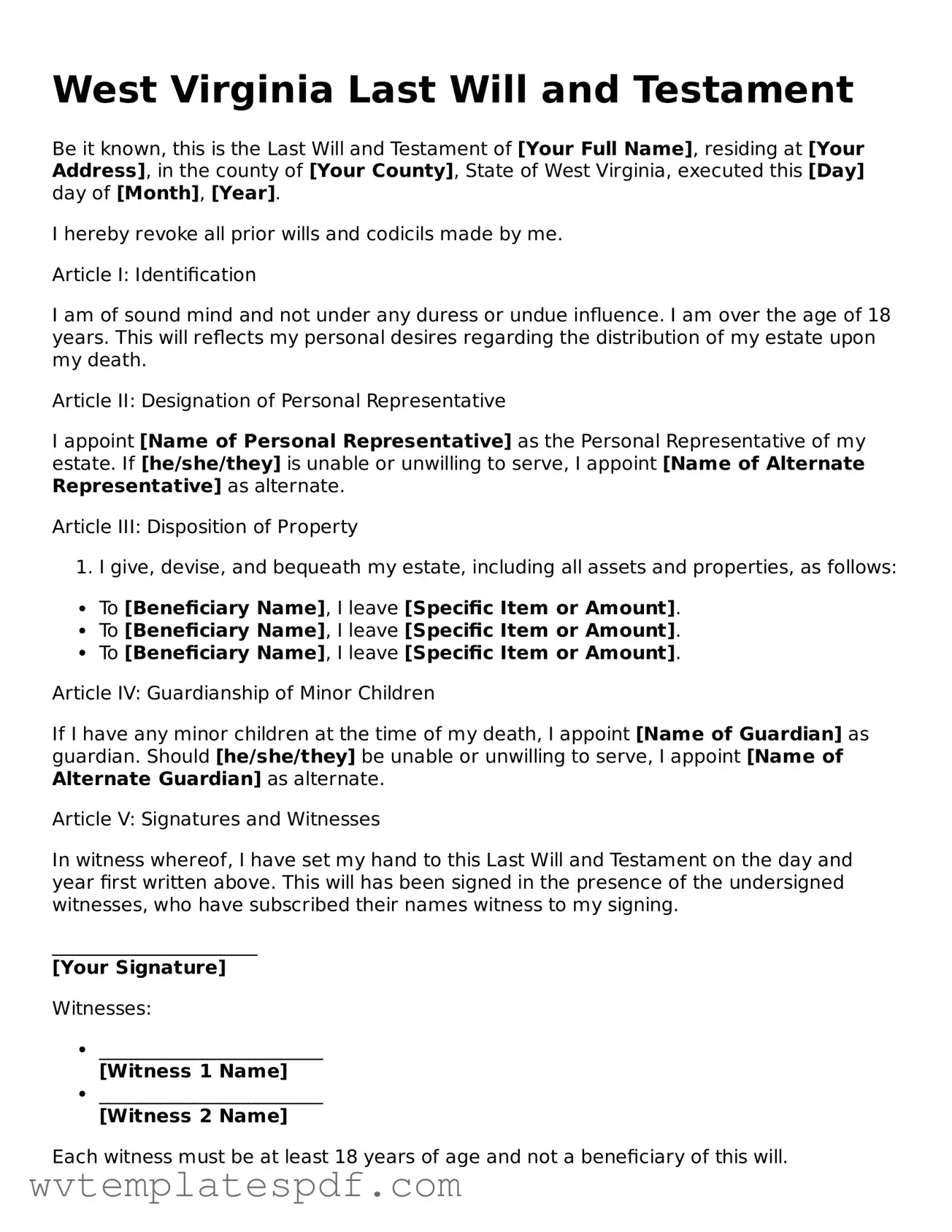 Attorney-Verified West Virginia Last Will and Testament Template