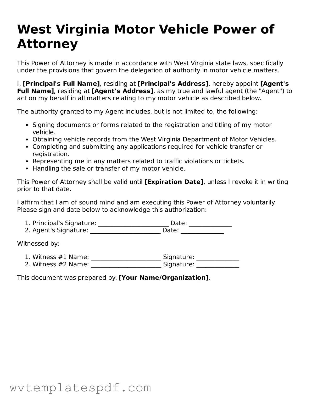 Attorney-Verified West Virginia Motor Vehicle Power of Attorney Template